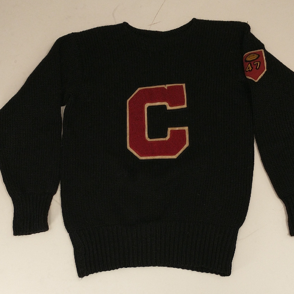 1947 Wool Varsity Sweater 40s Football Black With Dark Red Chenille C  42" Chest